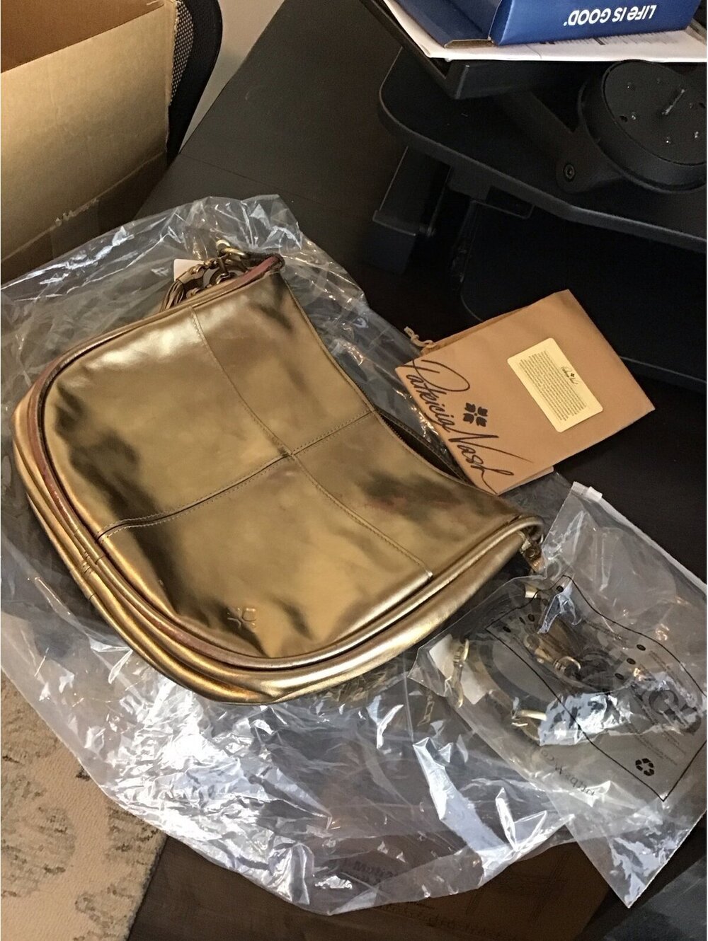 Patricia Nash chiavari leather convertible hobo, antique gold with defects